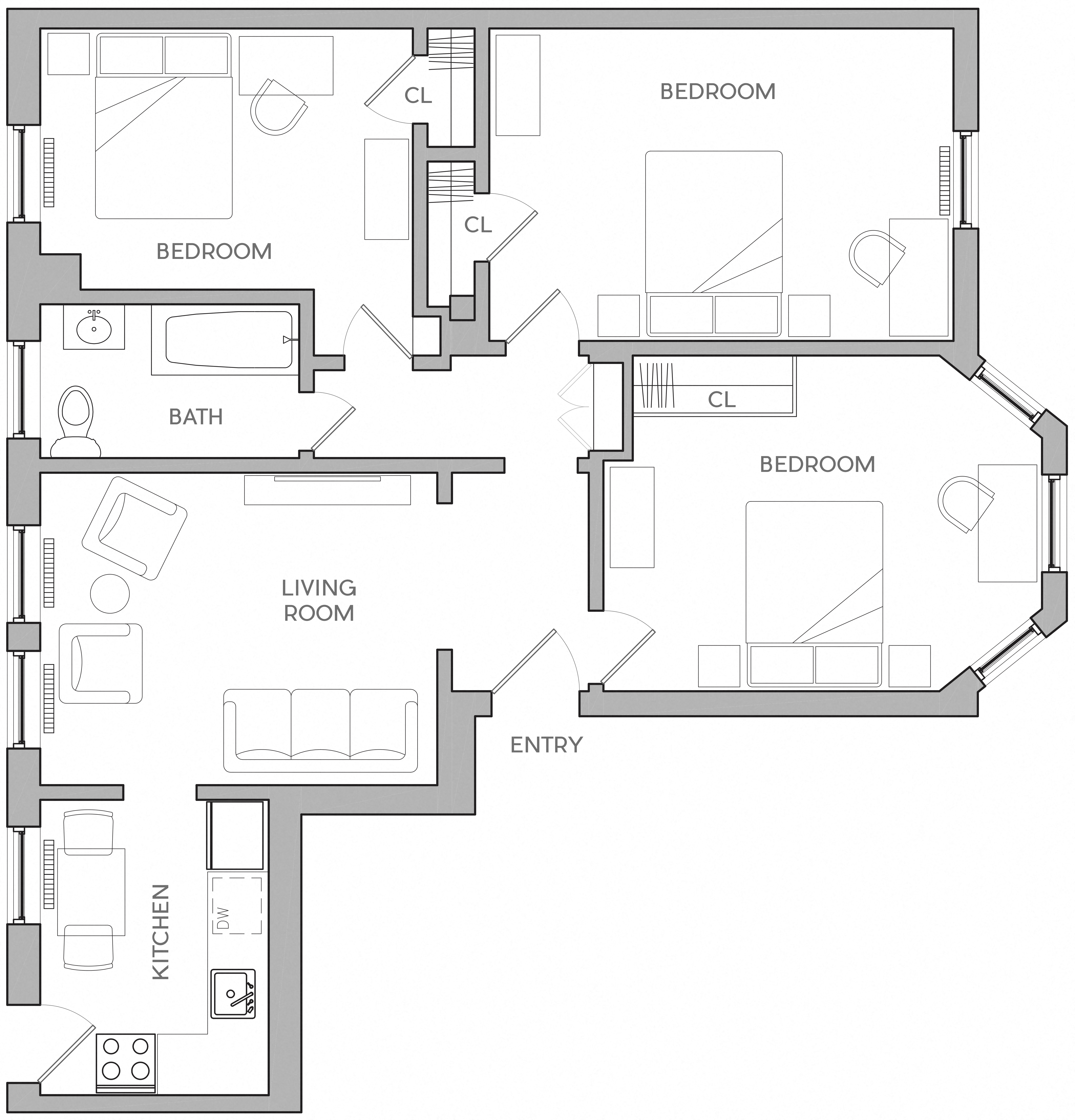Floor plan for 3 beds, 1 bath, 1590 sqft